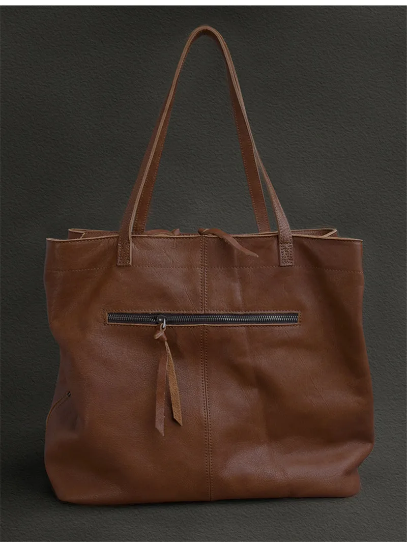 Fashion retro luxury natural real leather men's oversized tote bag daily outdoor travel large-capacity real cowhide shoulder bag