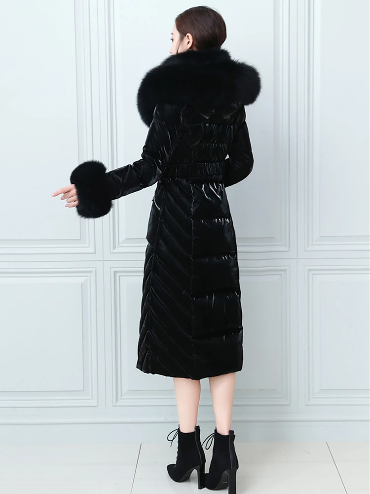 New Women Fur Down Jacket Winter Double Real Fox Fur Collar Wash Free Glossy Surface Thicken Warm Down Coat Belt Slim Outerwear