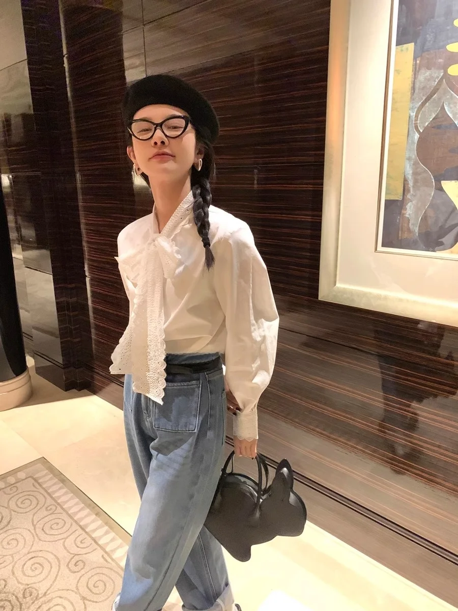 Французские нижные кружевные белые рубашки для женщин 2024 осень и зима новая