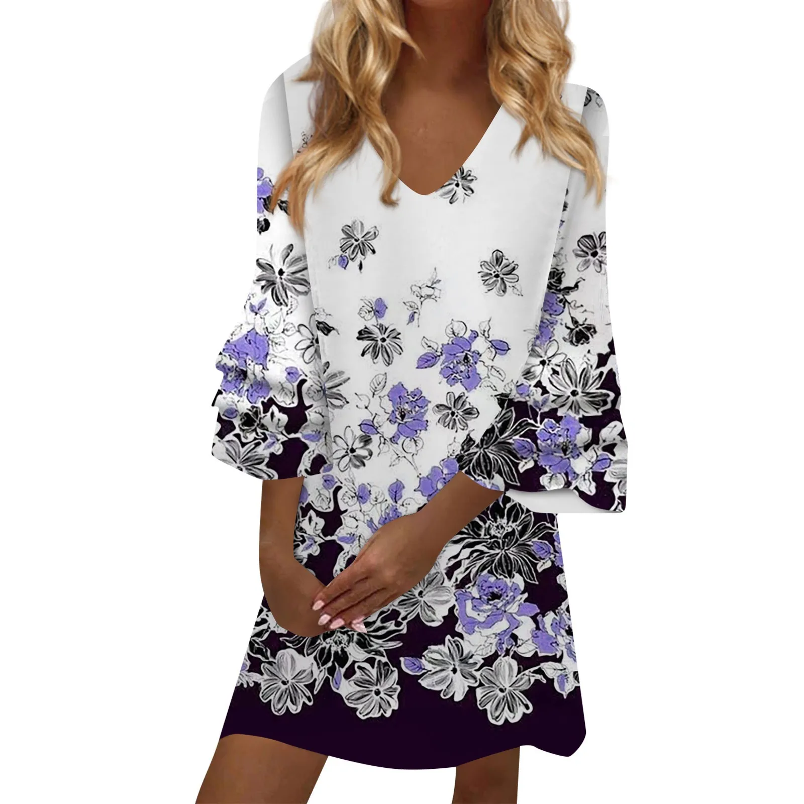 

Women'S Fashion Summer Temperament Elegant Printed V-Neck 3/4 Sleeves Mini Dress Summer One-Piece Dress Summer Long Dresses