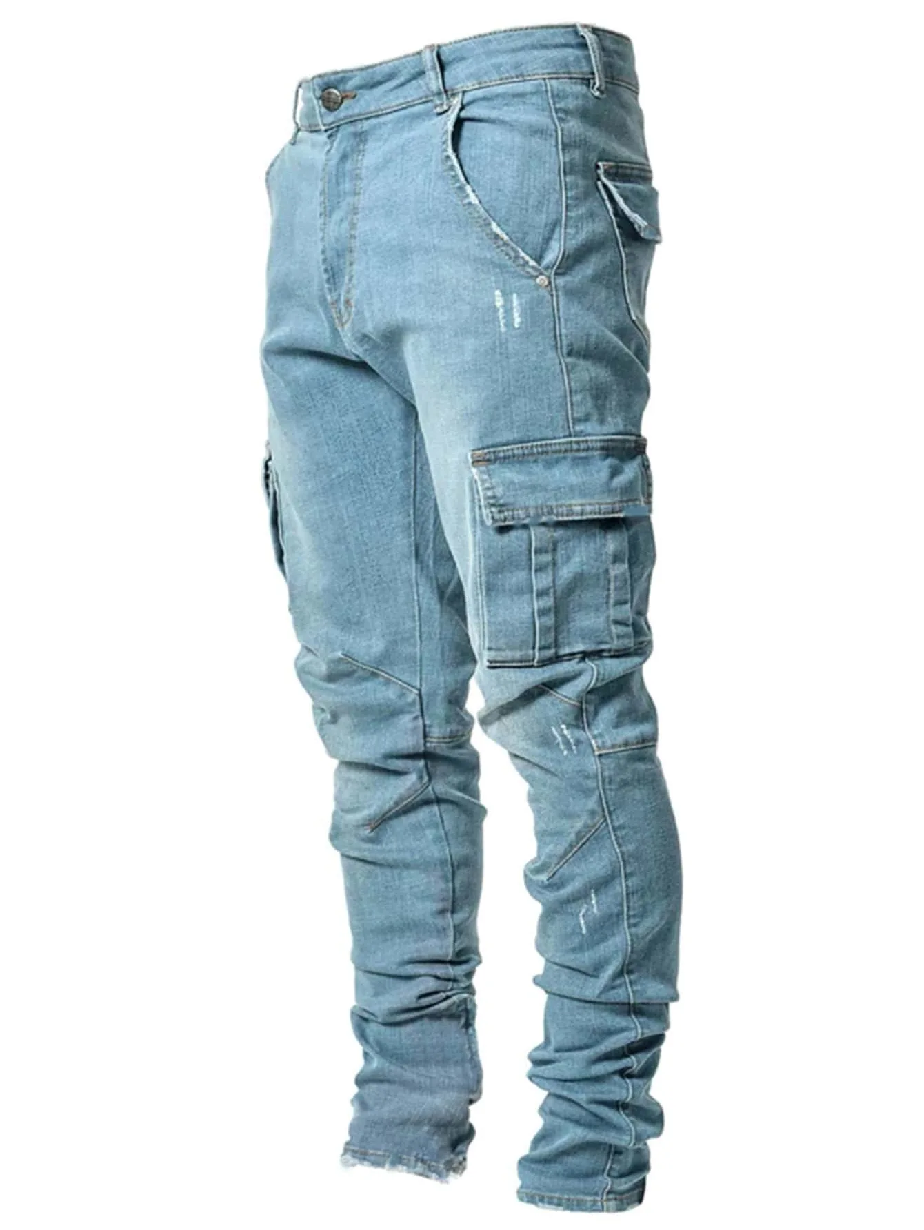 2022 Newest Europe Jeans Men Pencil  Pants Casual Cotton Denim Ripped Distressed Hole Fashion Pants Side Pockets CargoFD12718632