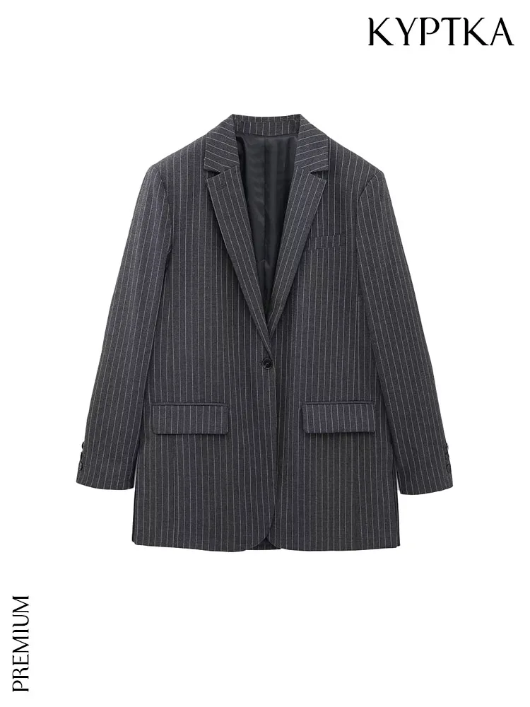 

KYPTKA Women Fashion Front Button Pinstripe Blazer Coat Vintage Long Sleeve Flap Pockets Female Outerwear Chic Vestes Femmes