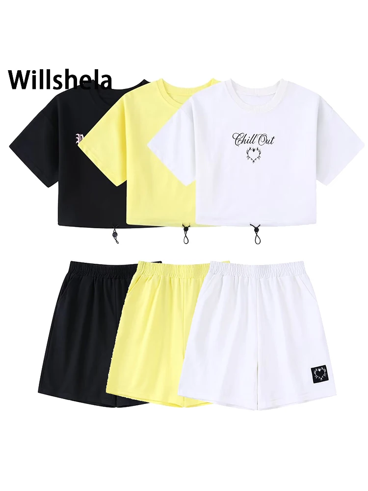 

Willshela женский модный комплект из 2 предметов, Короткие футболки с эластичной резинкой на талии и винтажные шорты с высокой талией, женские ши...