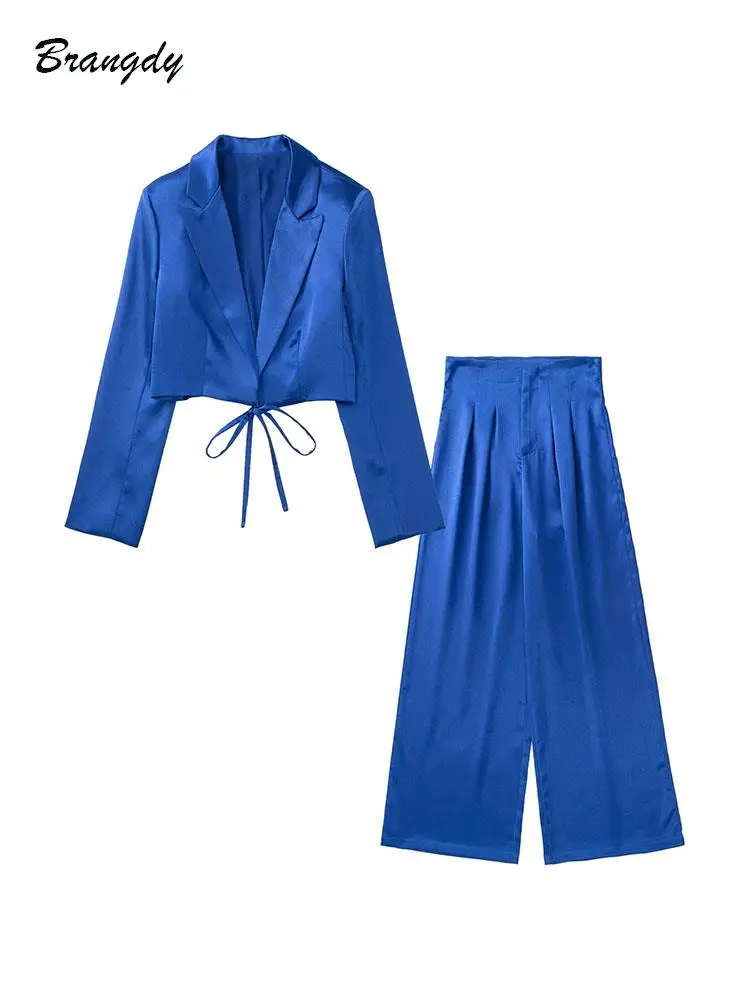 

Women's Blazer Suits Blue Crop Blazer Pant Suit Wide Leg Trouser Suit Set Woman 2 Piece Notched Short Elegant Women's Blazer Set