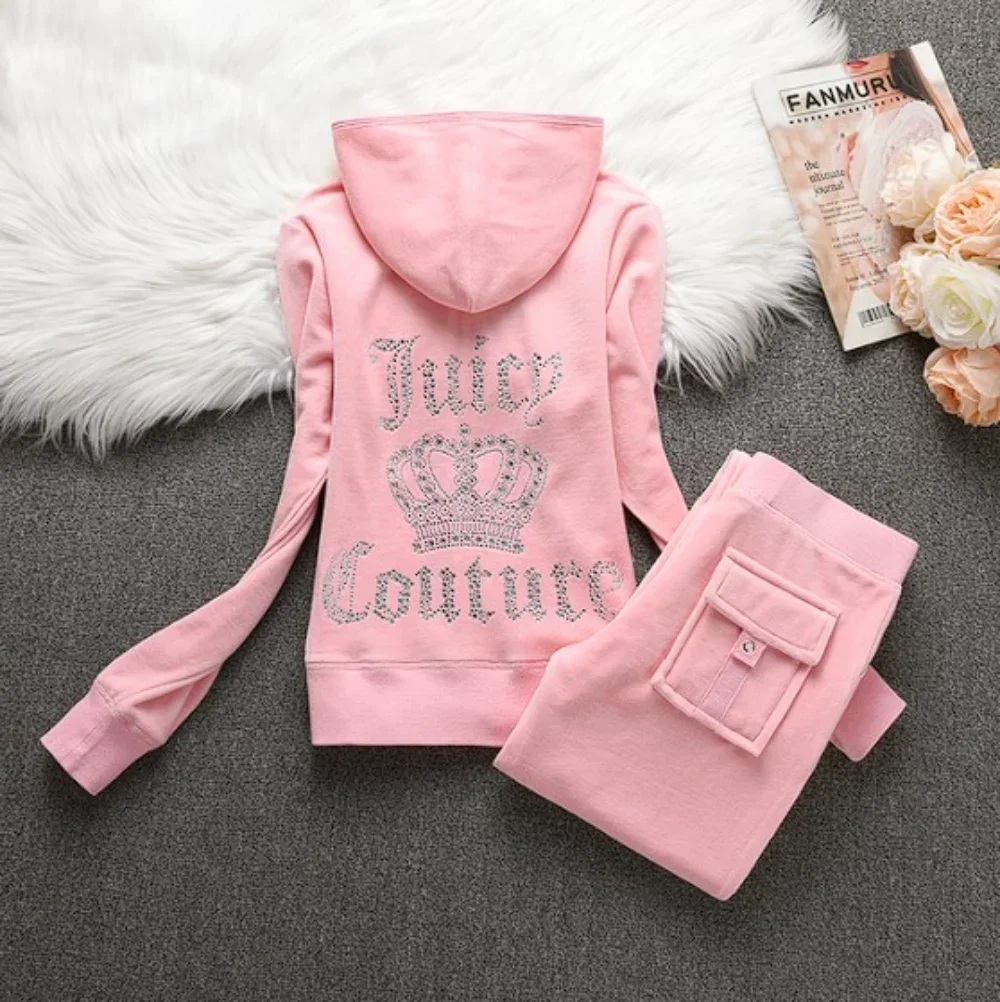 

Juicy Corture Tracksuits 2 Piece Sets Women Outfit Hoodies and Pants Pockets Tracksuit Velvet Tracksuits Women Velour Suit Set