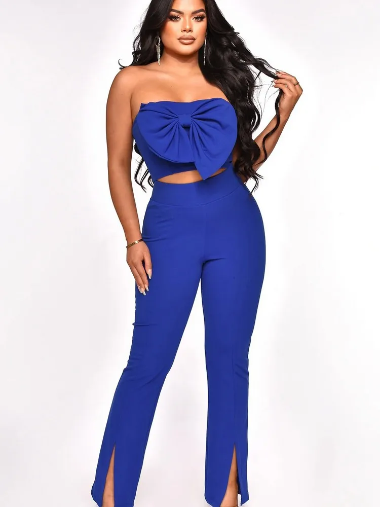 

Stunning Women's Track Suits Midnight Big Bow Strapless Off Shoulder Crop Top and Sexy Split Pencil Long Pant Matching Outfits
