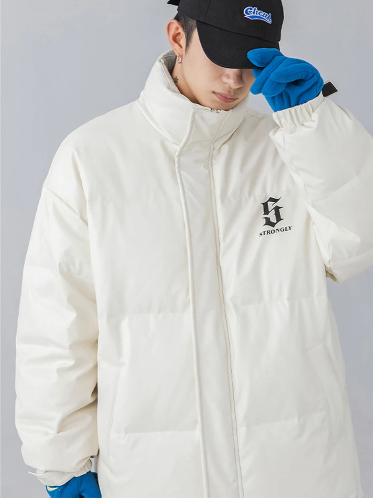 Mens Winter Jackets PU Leather Padded Parkas Harajuku Letter Printed Streetwear Hip Hop Oversized Casual Unisex Coats