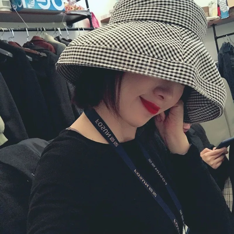 

Summer Wide Brim Checked Bucket Hat for Women Girls Flodable Sun Beach Fisherman Cap Cotton Ladies Spring Outdoor Visor Hat