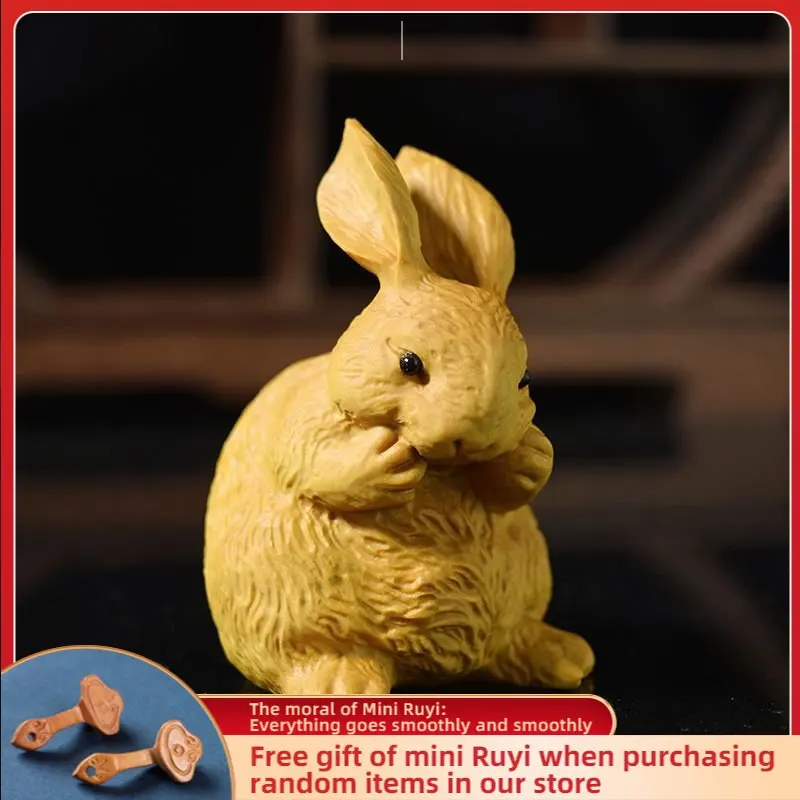 

Taihang Cliff Cypress Wood High Quality Cute Rabbit Feng Shui Carved Sculpture Modern Art Home Accessories Desk Decor Tea Pet