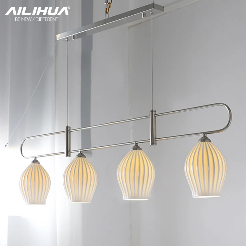 

Medieval French ceramic chandelier modern style dining room tea room bar window long strip simple light luxury table lighting