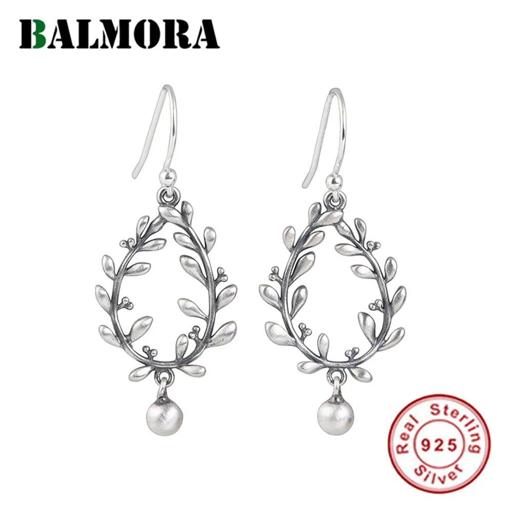 

BALMORA S925 Silver Vintage Branches and Leaves Earring For Women Girl Tassel Bead Hollow Long Earring Dangler Daily Jewelry