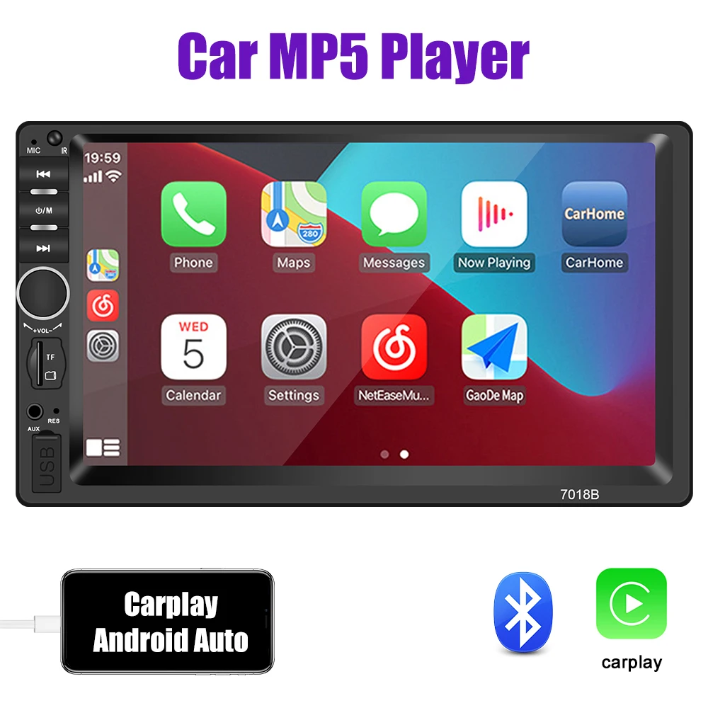 

TF USB автомобильное радио Hands-free 2 Din мультимедийный плеер Carplay 7 дюймов Bluetooth MP5 ВИДЕО АУДИО сенсорный экран fm-приемник