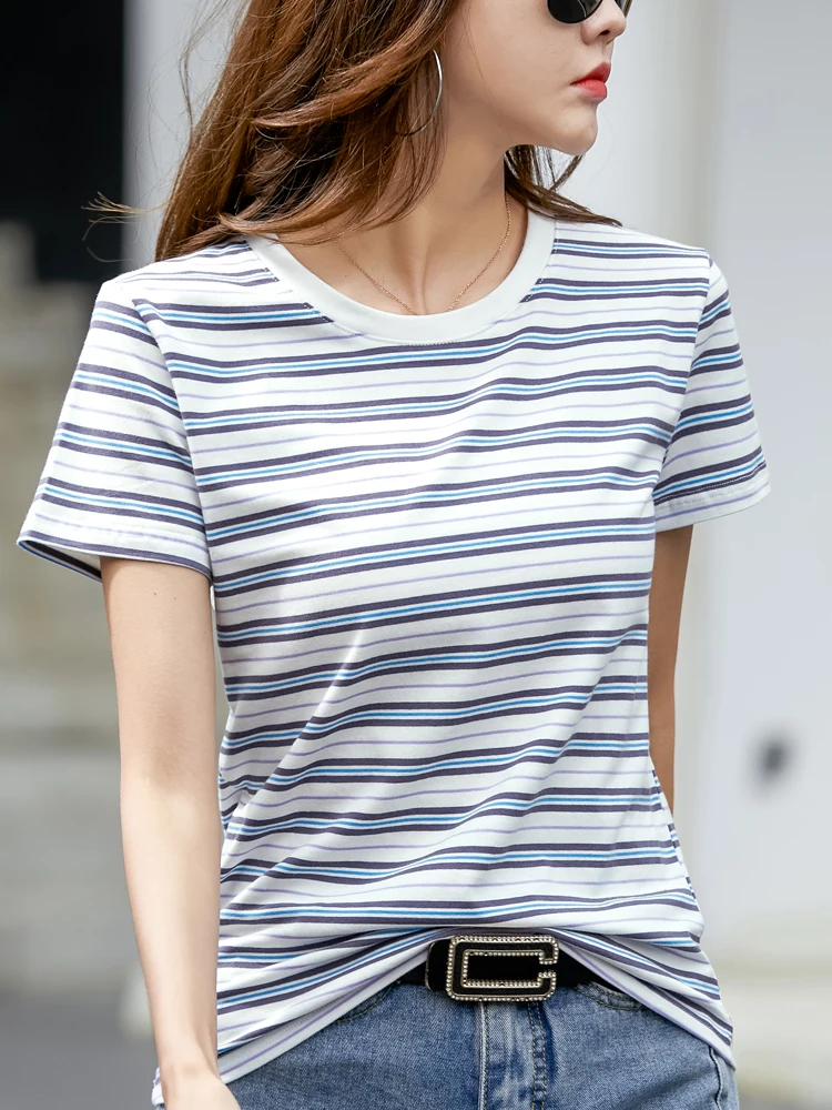 

AOSSVIAO 2023 Summer Orange Blue Striped Cotton T-Shirts Women O-Neck Tshirts Female Short Sleeve Basic Fashion Classic Tops