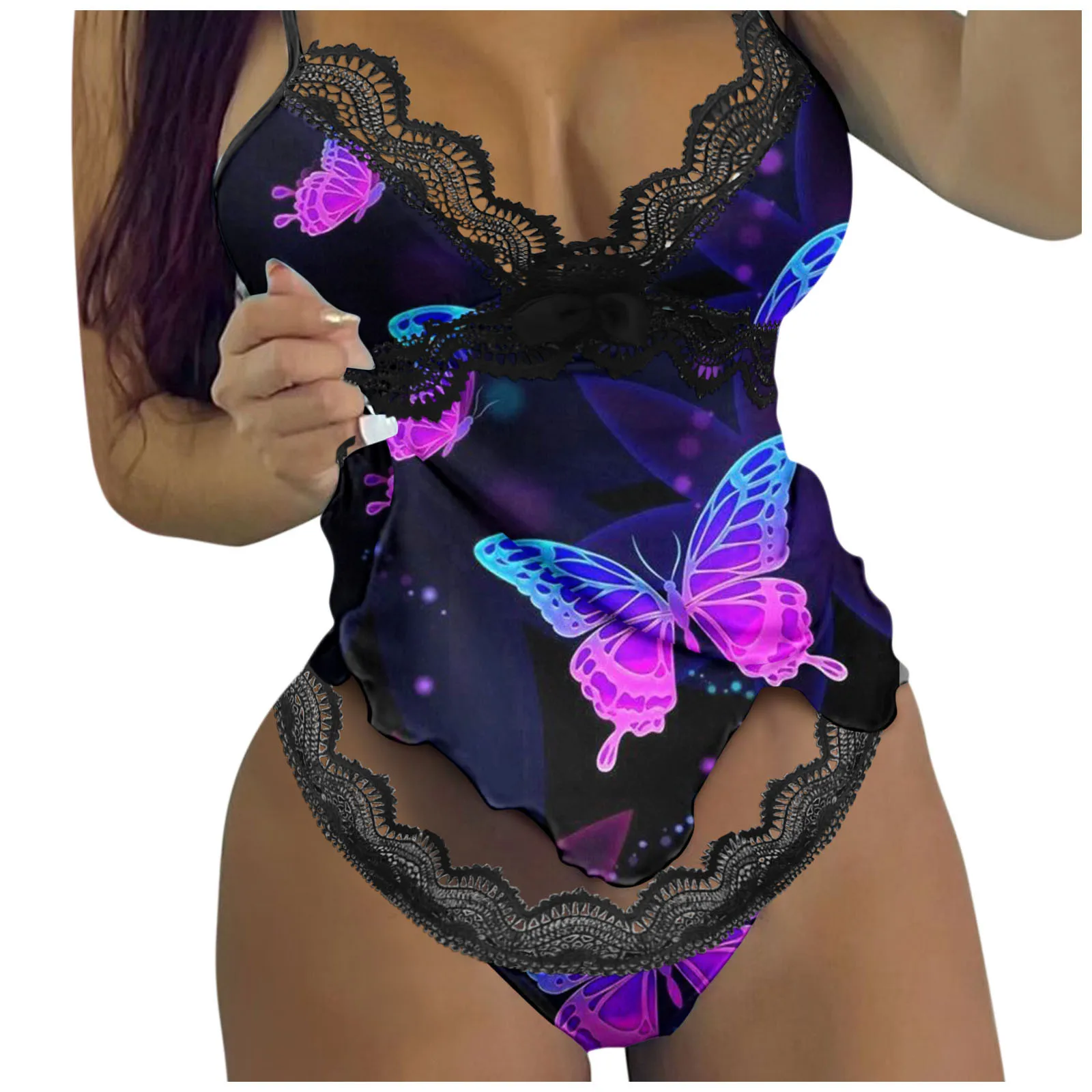 

Женский Пижамный костюм с принтом, женский сексуальный кружевной Атласный пижамный комплект с V-образным вырезом, ажурная майка, Женская Ро...