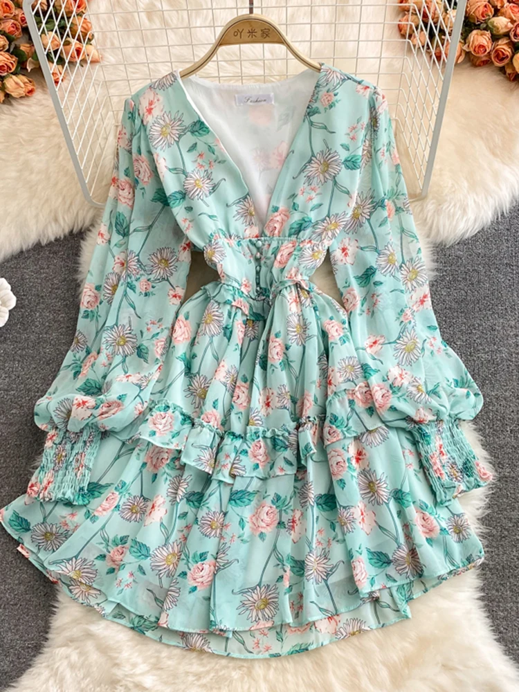 

Women Autumn Dress Fema New Gentle French Style V-neck Ruffle Lantern Printing Sleeve Floral Chiffon Dress Vestidos D3088