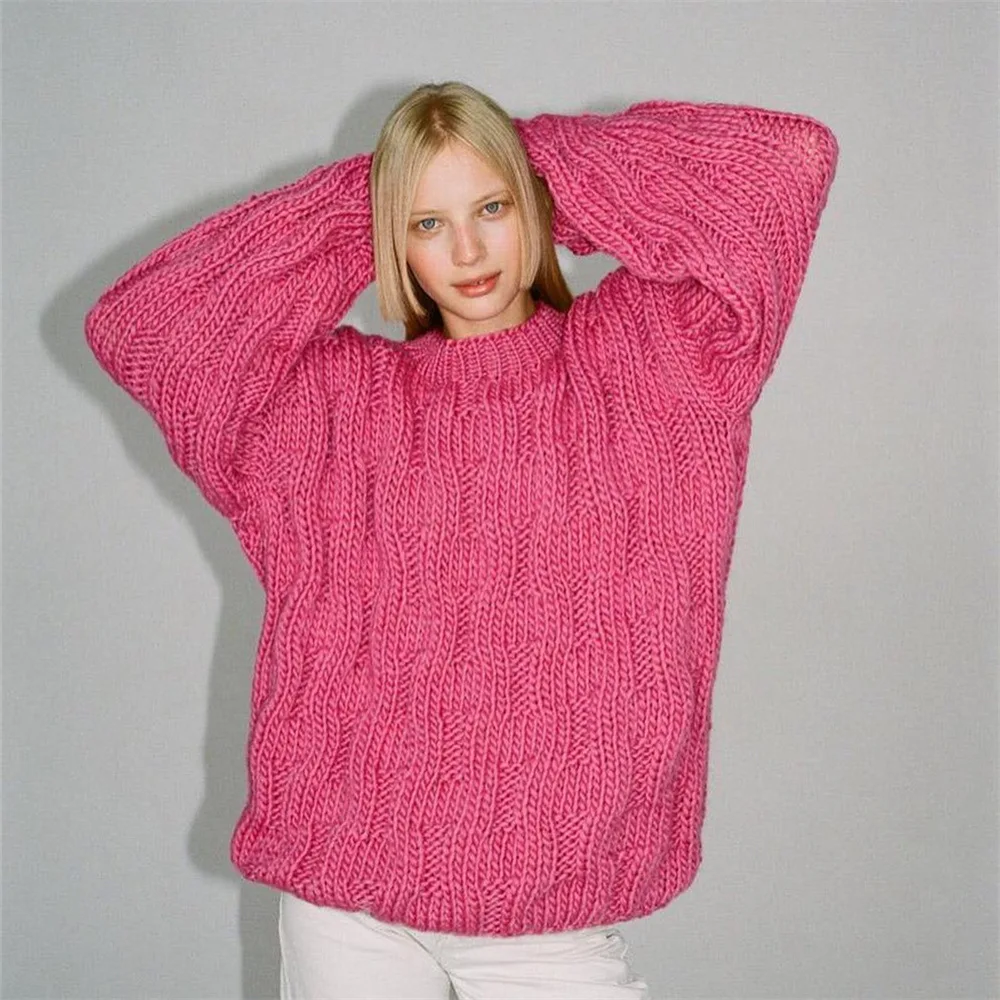 

Осень-зима 2023, теплый свитер с длинным рукавом и круглым вырезом в ленивом стиле, женский модный свободный трикотажный топ с подолом для женщин