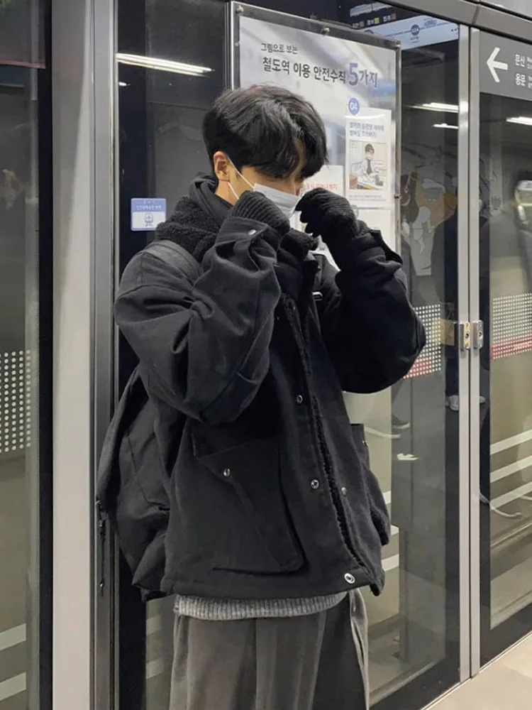 Winter Korean Series Wear Cotton-padded jacket Men's Army Green Lamb Plush Warm Cotton-Padded Coat Fashion Brand Pu Shu...