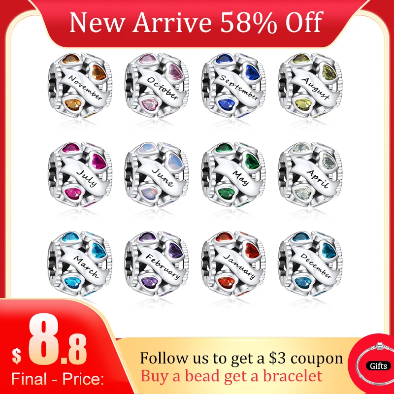 

NINGAN 925 Sterling Silver Beads Birthstone Charms Compatible with Pandora Bracelets & Bangles Fine Jewelry1-12 Month