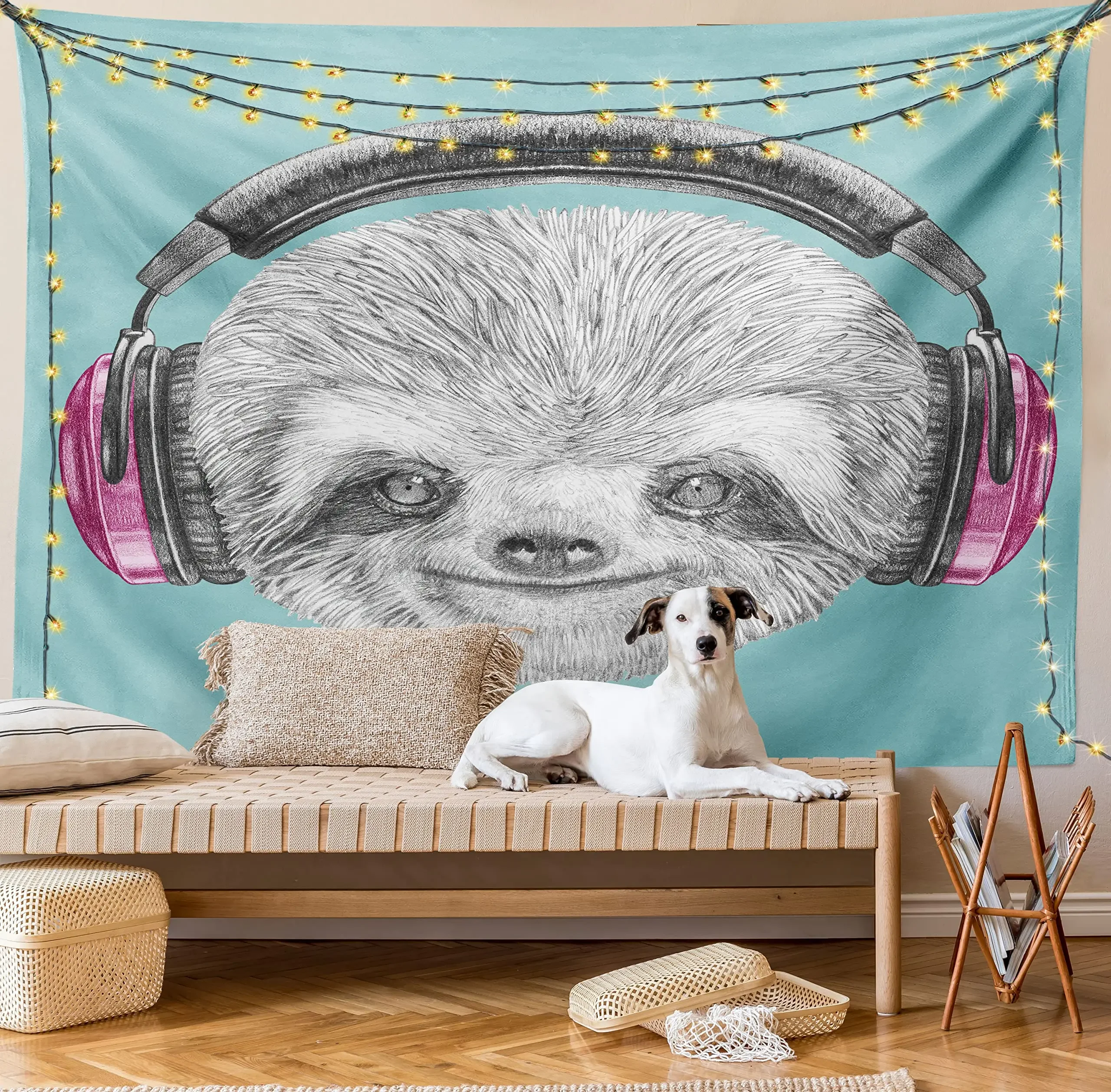 

Sloth Tapestry Animal Portrait Headphones Funny Modern Character Cool Smiling Hanging Bedroom Living Room Dorm Decor Teal Grey