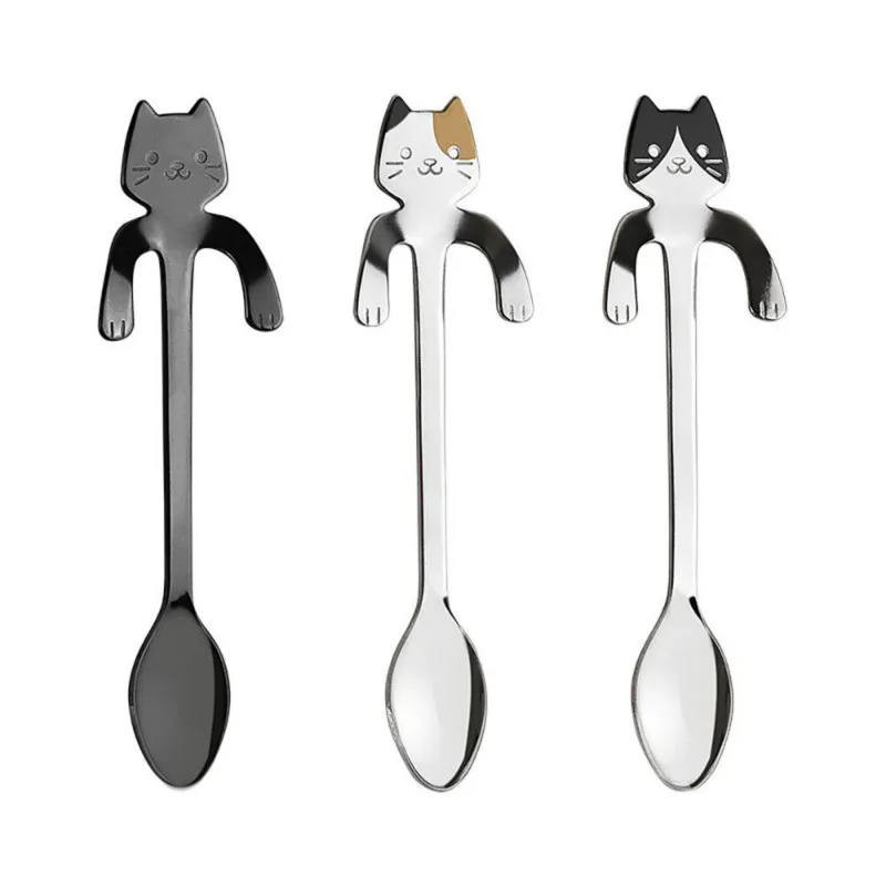 

New Arrival Mini 304 Stainless Steel Cartoon Cat Spoon Long Handle Flatware Coffee Drinking Tools Kitchen Gadget Kitchen Tools