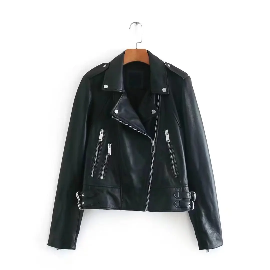 

Women 2022 New Fashion Faux Leather Jacket Coat Retro Lapel Long Sleeve Zipper Pocket Chic Tops Female Outerwear Mujer