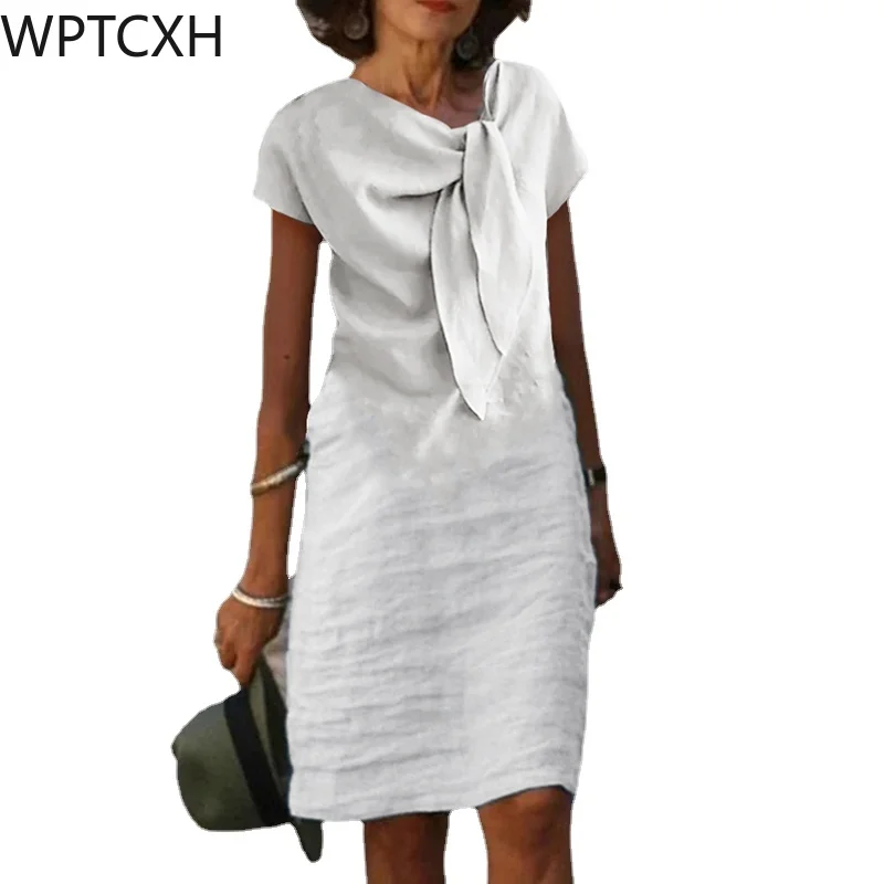 

2024 Summer Short Sleeve LaceUp Bow Fold Dress Retro Female Slim A Line Dress Elegant Women Cotton Linen Solid Color Mini Dress