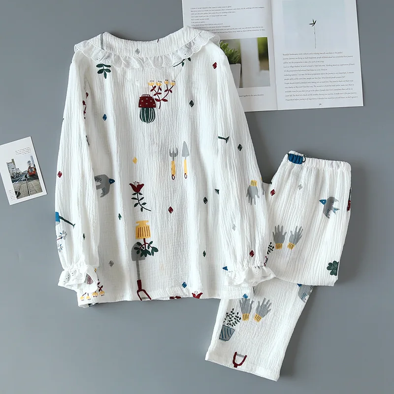 Japanese new ladies spring and summer cotton crepe pajamas two-piece long-sleeved trousers cute plant printing home service set