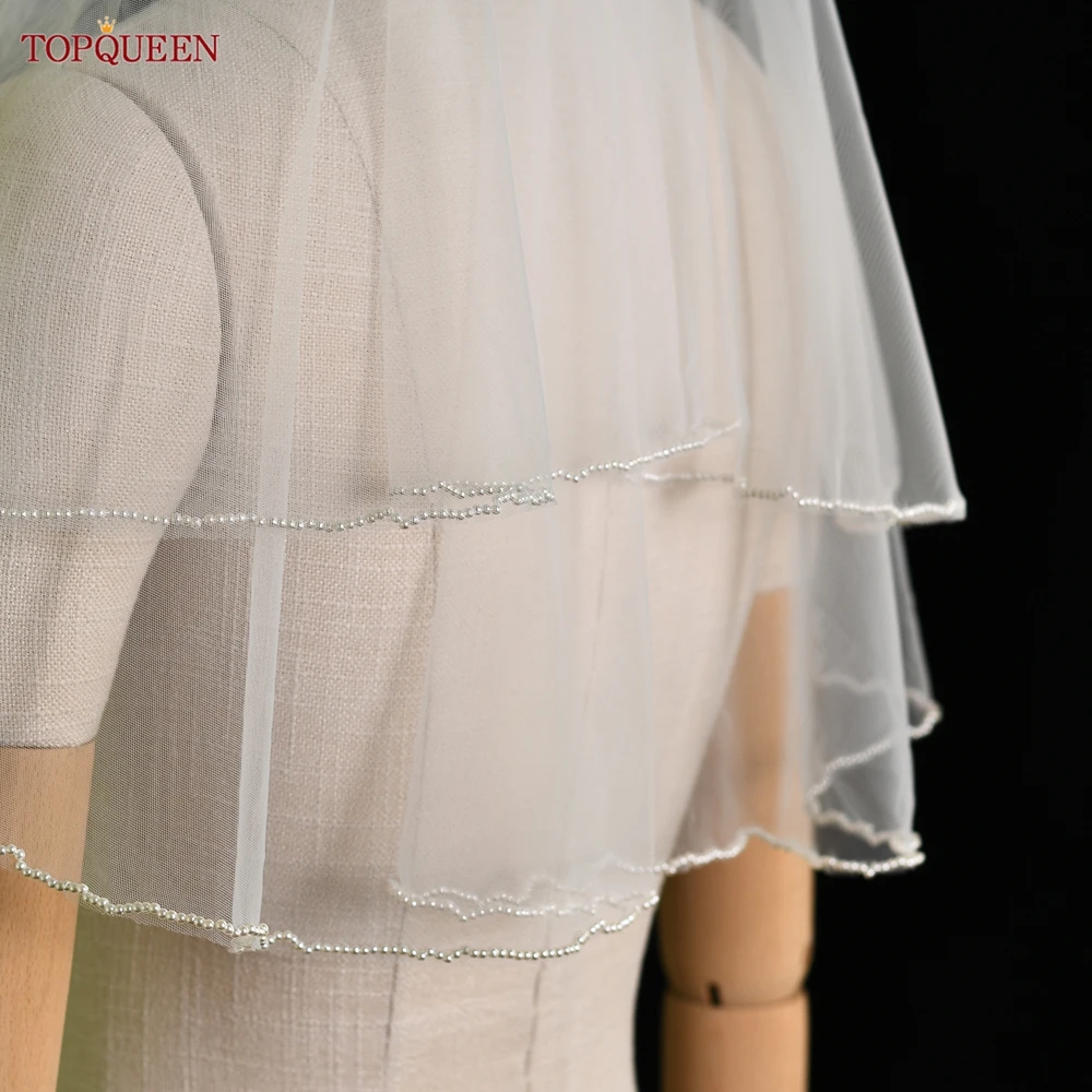 TOPQUEEN V173 Свадебная фата длиной до плеч 2-слойная с расческой румяна жемчугом для