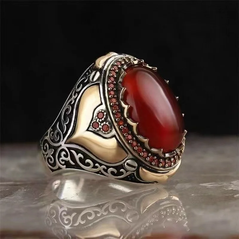 

Turkey Men's Ring Jewelry Red Natural Agate Stone Zircon Crystal Vintage King Crown CZ Enamel Male Rings Accessories