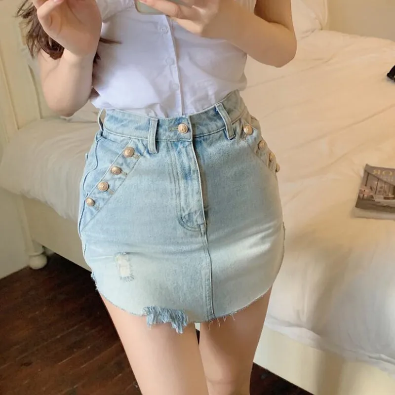 

Fashion Button Short Denim Skirt For Women New Summer High Waist Ripped Slim Sexy Mini Jean Skirt Culottes q47