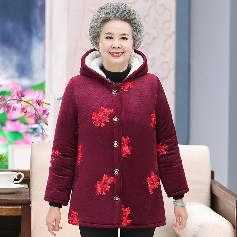 2022 Grandma Thicken Middle Aged Elderly Women Winter Coat Hooded Fleece Grandma Cotton Jacket Warm Mid-Long Mother Parka XL-5XL