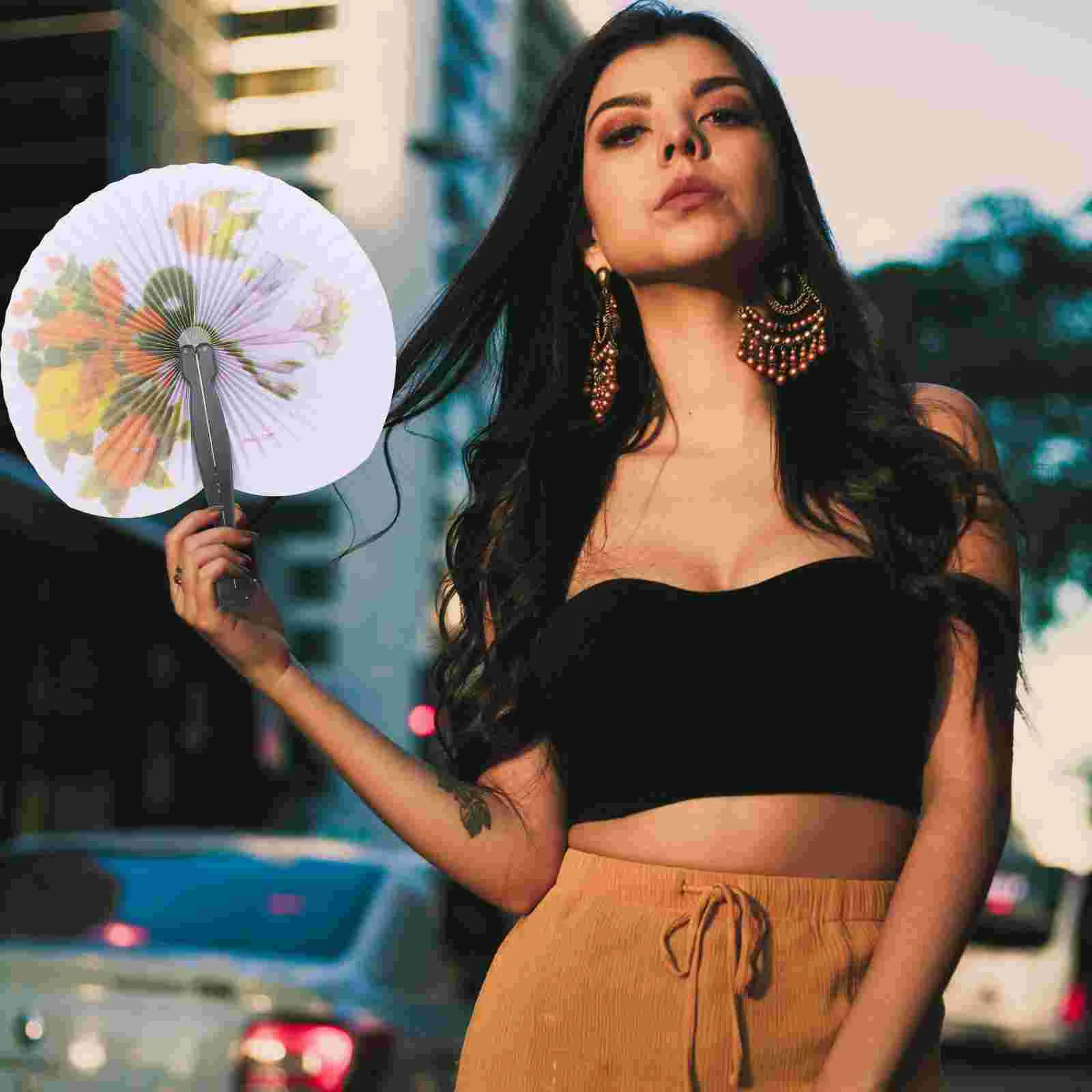 

Fan Folding Fans Hand Handheld Chinese Vintage Floral Foldable Paper Flower Dancing Round Styletradition Dance Janpanese Holding