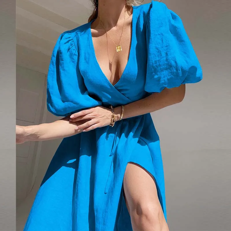 

New Casual A-line Lace-up Party Dress Summer Fashion Puff Sleeve Sexy Dress Women Elegant V-Neck Folds Solid Long Dress 27998