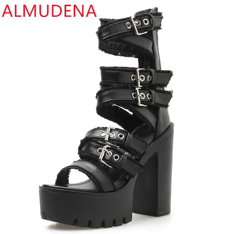 

Belt Buckle Round Toe Thick Heel Women Punk Sandals Super High Heel Platform Back Zip Street Adults Shoes Cover Heel Party Shoes