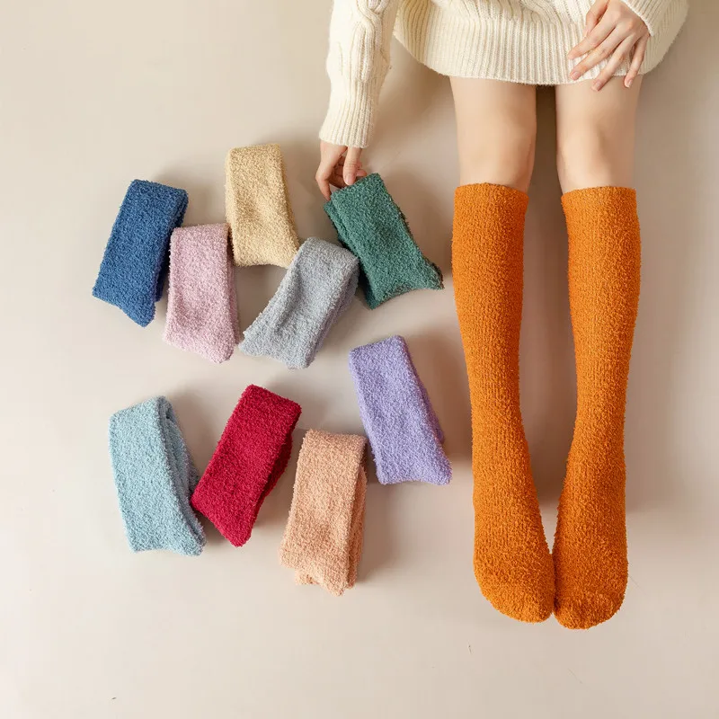 Long Winter Socks Women Solid Color Warm Coral Fleece Plush Sleep Floor Socking Thick Soft High Sock Hosiery Student Socken Girl