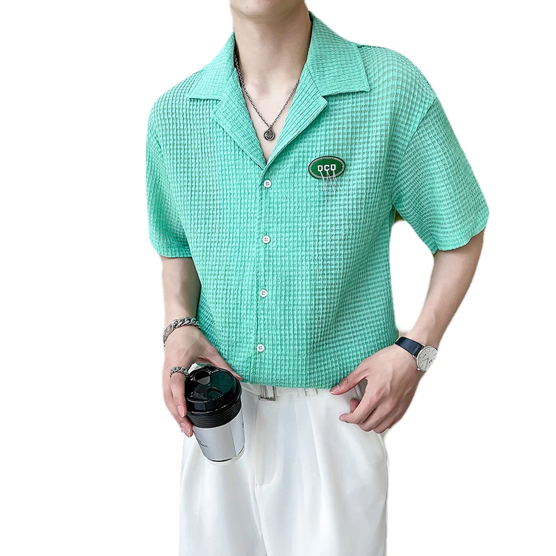 Summer Plaid Thin Shirts for Men Short Sleeve Fashion Korean Casual Shirt Large Lapel Tops Streetwear Social Party Men Clothing