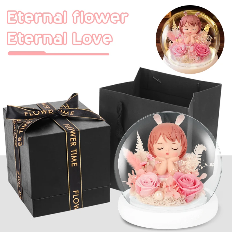 

2023 New Valentine's Day doll Eternal Life Flower Rose Glass Cover Send Girlfriend Wife Birthday Anniversary Gift Bedroom Decor