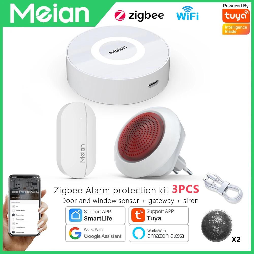 Tuya Zigbee3.0 Gateway Window Door Sensor Siren Smart Life/Tuya APP Control Smart Alarm System Kits Anti-theft Alarm Set-EU plug