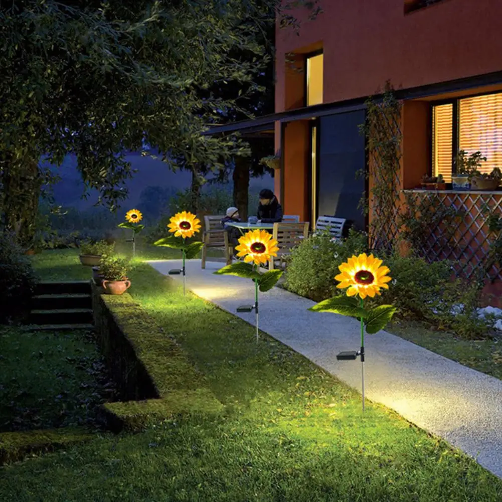 

Garden Stake Lights Sunflower Solar Lights 3-head Led Waterproof Fake Yellow Flower Lamp for Outdoor Holiday Landscape