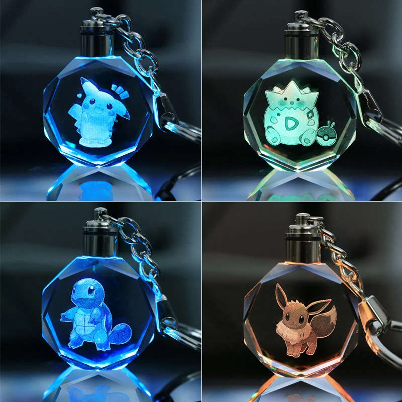 

Anime Colorful Crystal Lamp Keychain Charizard Keyring Accessories Glass Pendant Night Light Key Chain Toys for Children Gifts