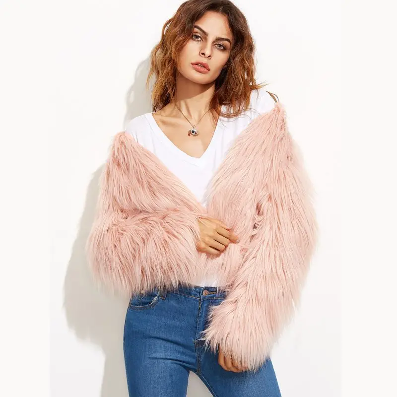Winter 7 Colors Fashion Faux Fur Jacket Long Sleeve Women's Fluffy Fur Jacket Fur Jacket V-neck Fur Coat Women Free Shipping