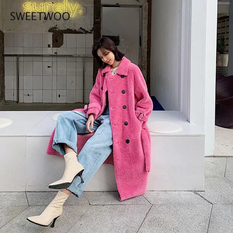 2022 Winter New Women Real Sheep Shearing Fur Jacket Outwear Female Natural Sheepskin Fur Wool Loose Streetwear Long Coat Tide