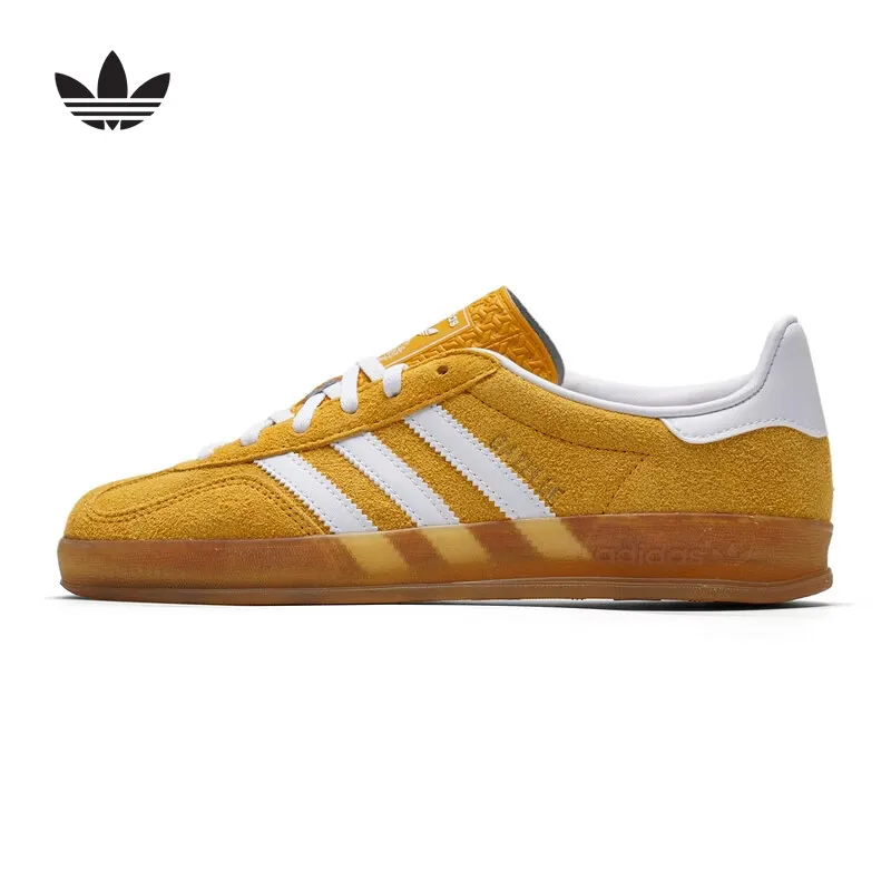 Фото Женские кроссовки Adidas Originals KH6037 желтого цвета из ткани в стиле ретро с тремя полосками, низкие, на резиновой подошве, повседневные, для скейтбординга №2