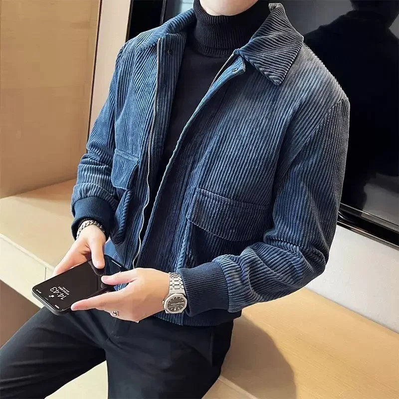 Вельветовая мужская куртка корейская мода отложной воротник приталенная