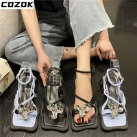 2022 summer new british style wave bottom all match sandals womens buckle clip foot fine wrapping metal flower sandals slippers