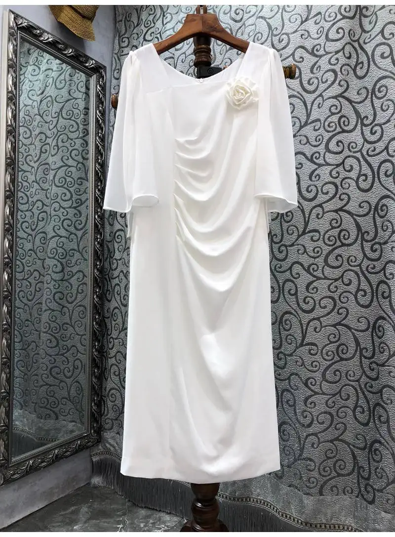 Elegant Work Dress 2022 Summer Business Inspired Women Sexy Square Collar Appliques Flower Deco Short Sleeve White Black Dress