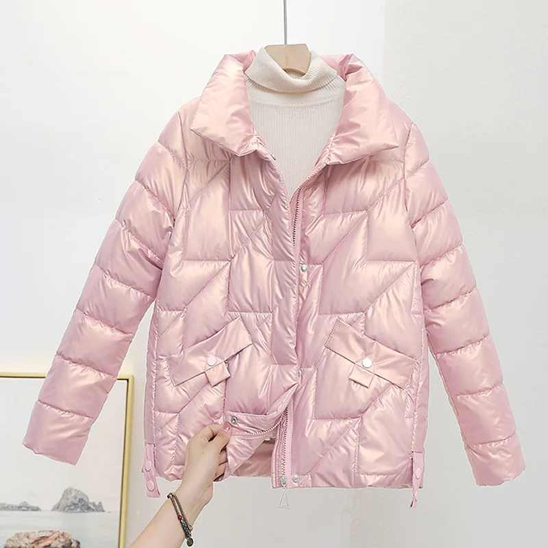 Women Jacket 2022 New Winter Parkas Female Glossy Down Cotton Jackets Stand Collar Casual Warm Parka Short Coat Female Outwear