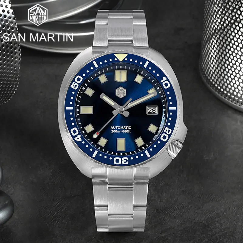 

San Martin Luxury Men Watch 44mm New Turtle Diving NH35 Automatic Mechanical Wristwatch Sapphire Bracelet 20Bar Luminous Relojes