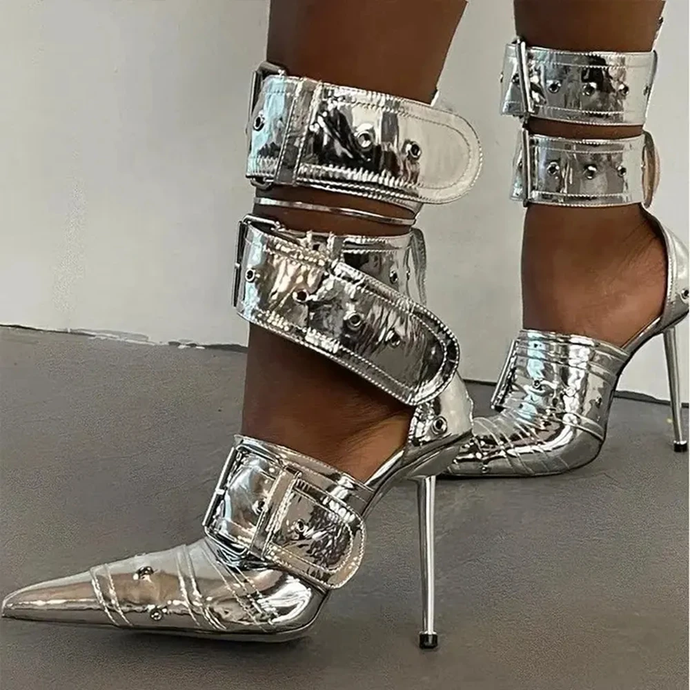 Women's Fashion Mixed Color Multi Buckles Pointy Hollow Sandals Sexy Catwalk High Heels Summer Retro Metal Heel New Ladies Shoes