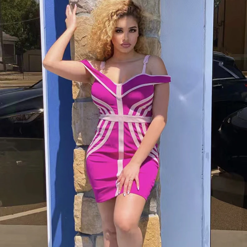 

Rosered Color Women Sexy Strap V-Neck Bodycon Mini Dress Patchwork Bandage Nightclub Party Celebrate Dress Wholesale